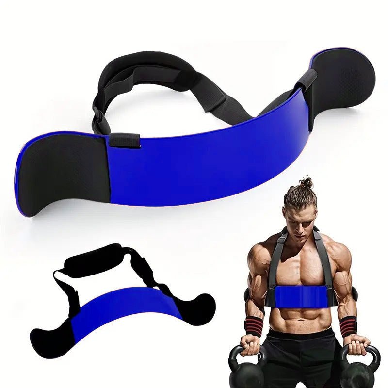 Blue aluminum alloy biceps training board with adjustable neck strap for bodybuilding.