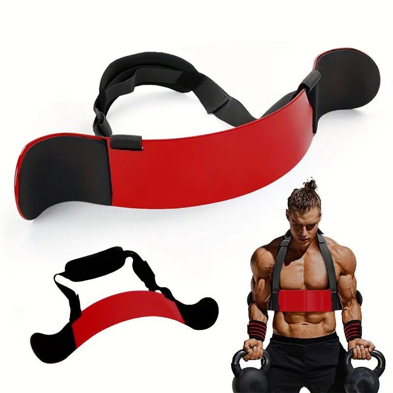 Red aluminum alloy biceps training board with adjustable neck strap for bodybuilding.