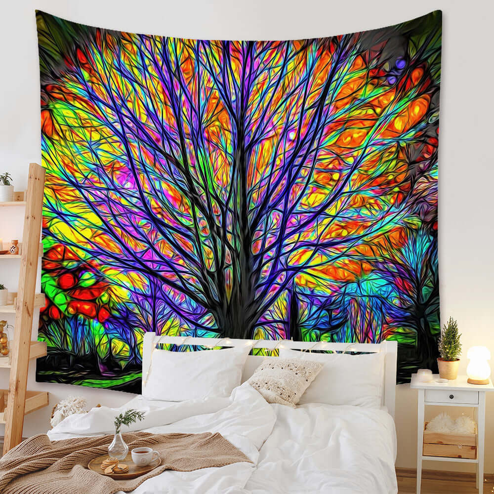 Boho Wall Tapestry, colorful abstract tree design, perfect for bedroom decoration and adding bohemian charm to home decor.