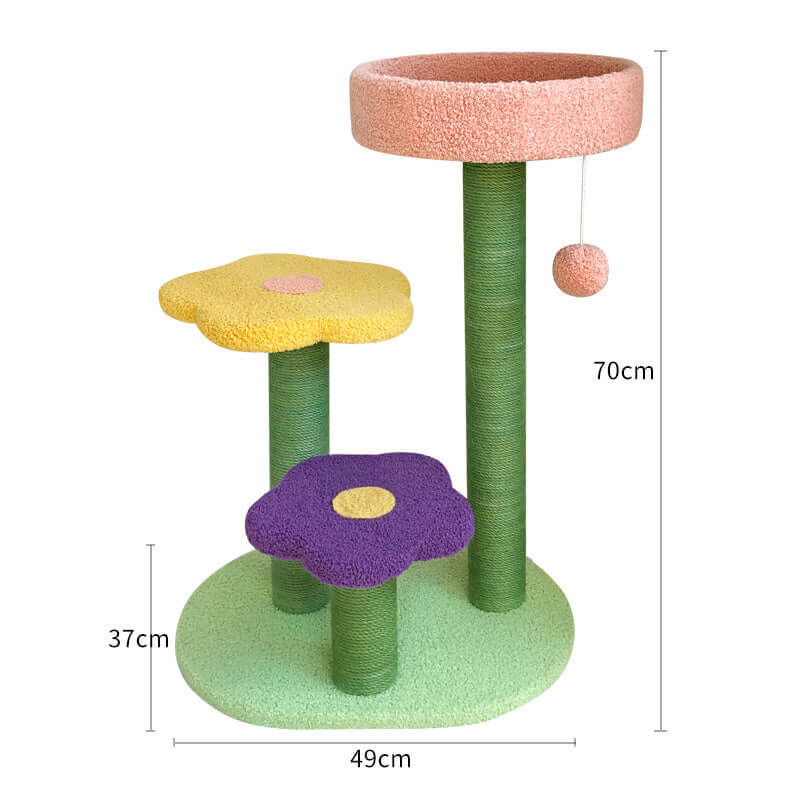 Colorful cat tower scratching tree with multi-level design and sisal posts, 37cm by 49cm by 70cm, perfect for playful cats.