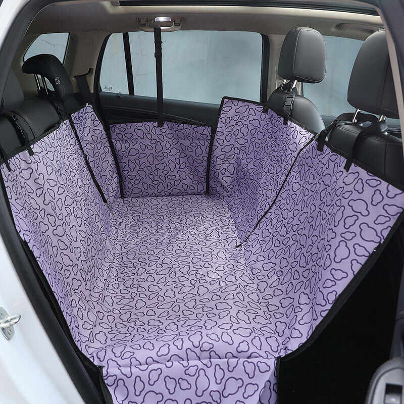 Dog Car Seat Cover in purple pattern, durable dirt-resistant mat protector, fits all car sizes, 600D Oxford cloth.