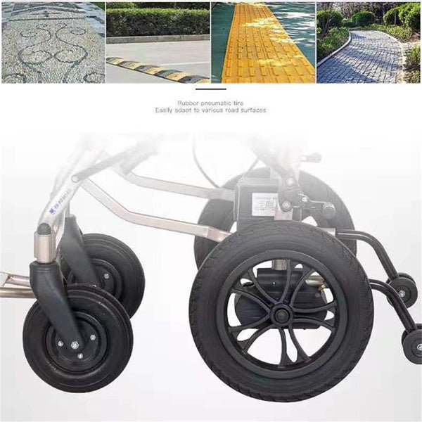 Close-up of a folding electric wheelchair's rubber pneumatic tires on various road surfaces.