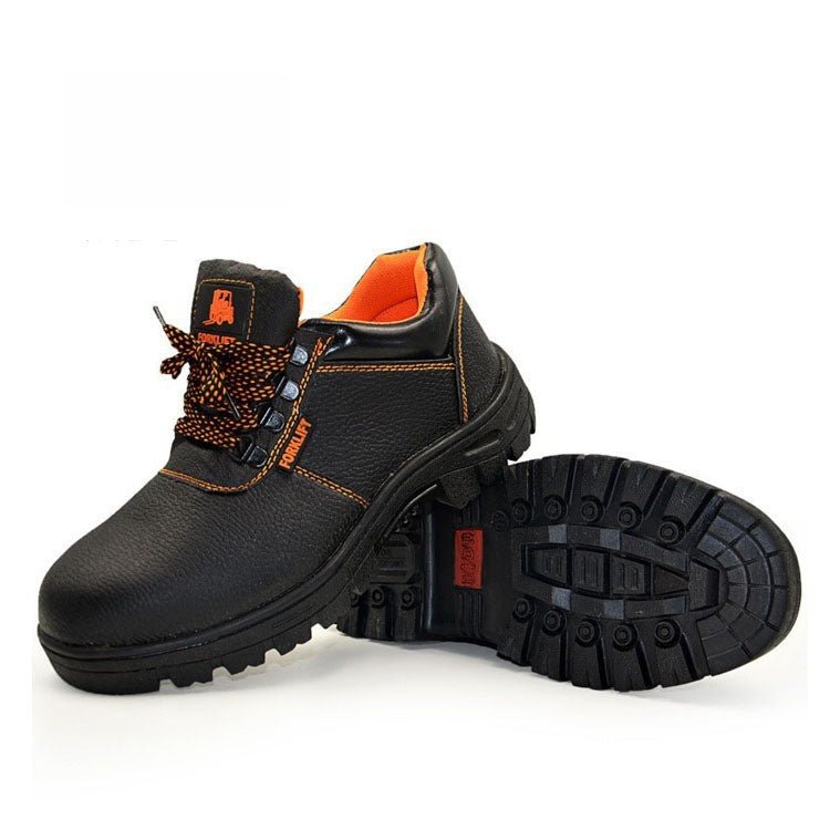 Black microfiber leather low-cut safety shoes with orange accents and laces.