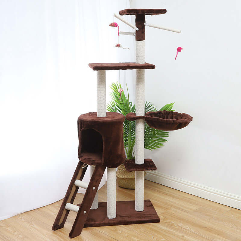 Multi-Level Cat Climber & Cat House in brown with sisal posts and dangling toys, perfect for indoor cats, 140cm high.