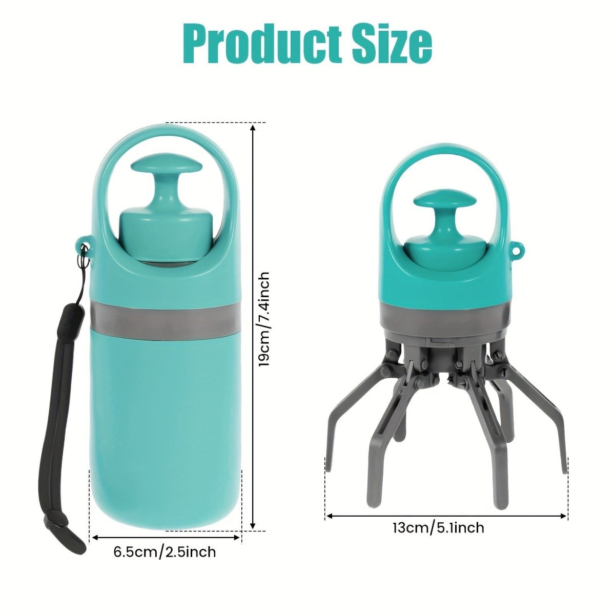A teal and gray portable six-claw dog waste picker shown with its dimensions in inches and centimeters.