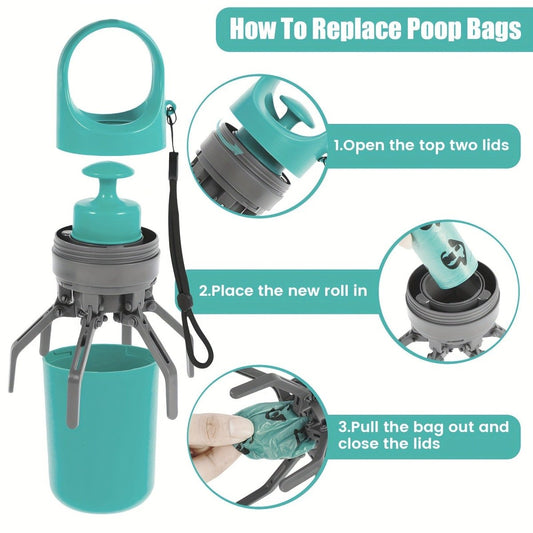 A teal and gray portable six-claw dog waste picker with a three-step guide for replacing poop bag rolls.