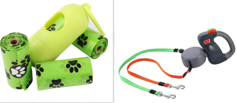 Retractable Dual Dog Leash, tangle-free design, durable nylon build with waste bags for convenient pet walking solutions.