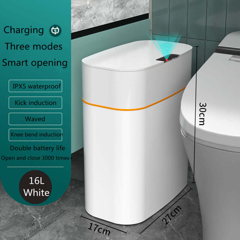 Smart Trash Dustbin with automatic lid for bedroom, kitchen, & car, IPX5 waterproof, induction modes, and large capacity.