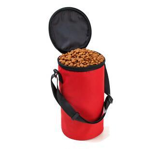 Waterproof Dog Food Bag with travel bowl feature, red color, filled with dry dog food, ideal for pet travel and storage.
