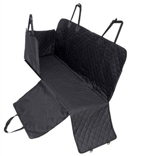 Black Waterproof Pet Car Seat Cushion for rear seats, featuring quilted design and adjustable straps for secure pet travel.
