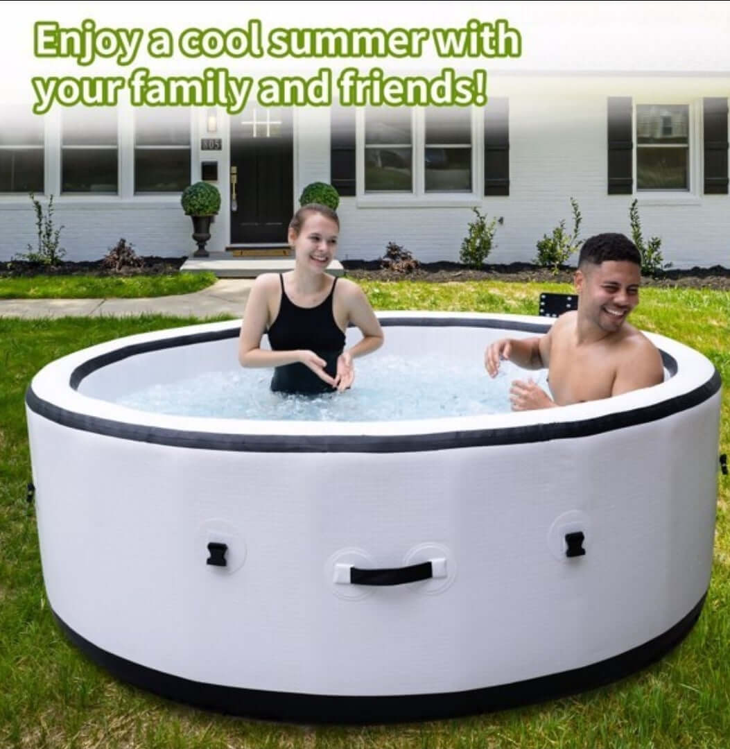 Couple enjoying inflatable pool for Garden & Outdoor Essentials, ideal for summer relaxation in home yard.