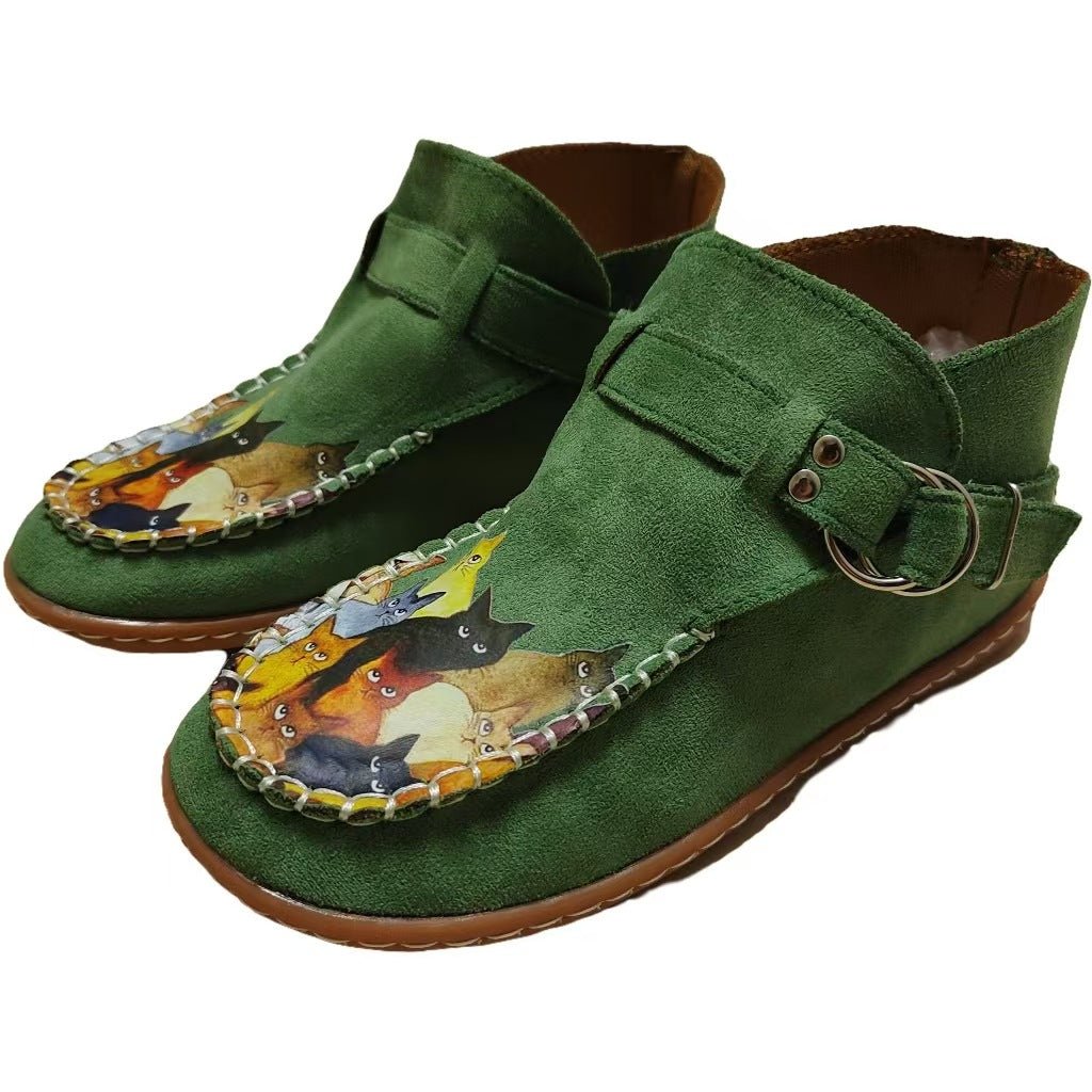 Women's Suede Ankle Boots | 3D Cat Print, Round Toe