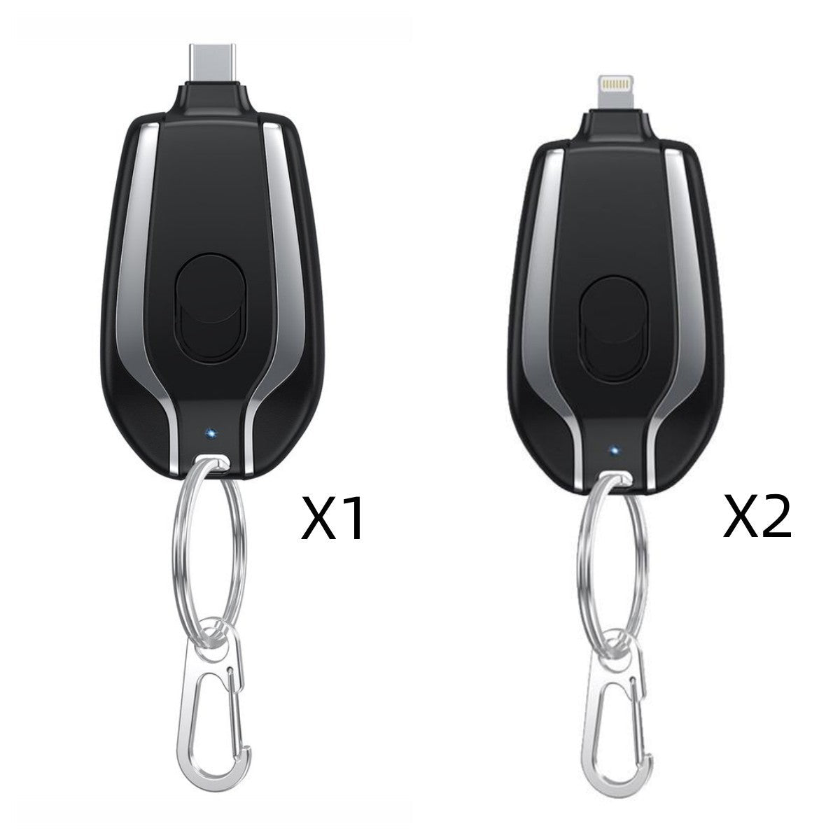 1500mAh Keychain Power Bank in black with waterproof rubber surface and dual charging ports