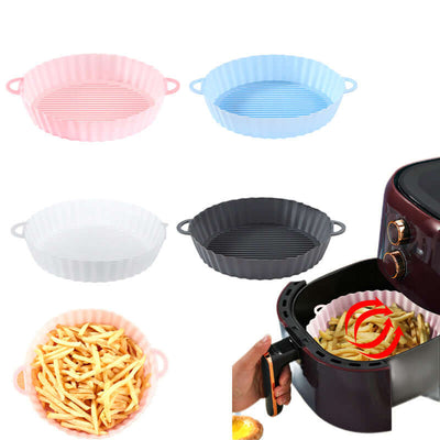 Air Fryer Silicone Tray set with reusable pots, grill pans, and paper liners in various colors for versatile cooking.