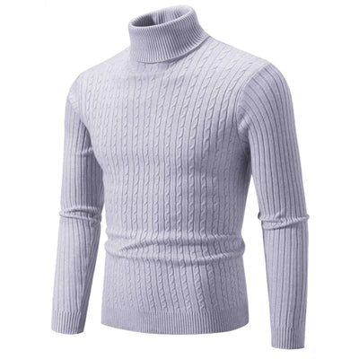 Men's Cable Knit Pullover in white with classic twist pattern and foldable high collar.