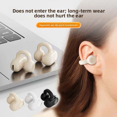Wireless Bluetooth Ear Clip Headset shown on the ear, highlighting ergonomic design for comfortable sports use. Available in multiple colors.