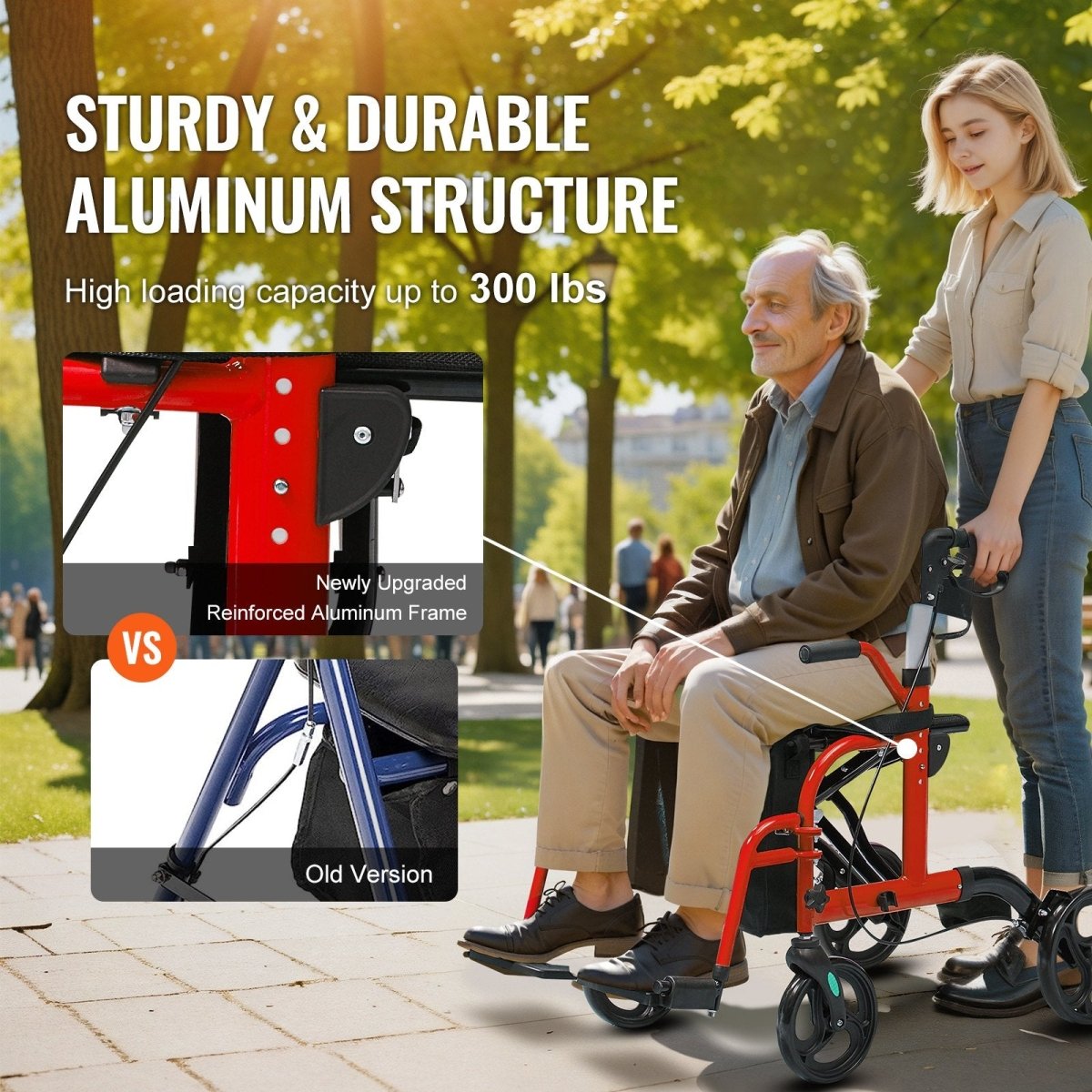 2 In 1 Rollator Walker & Transport Chair For Seniors, Folding Rolling Walker Wheelchair Combo & Footrests, Lightweight Aluminum Mobility Walker With Adjustable Handle, All Terrain Wheels, 136 Kg - DoubleJoy Store