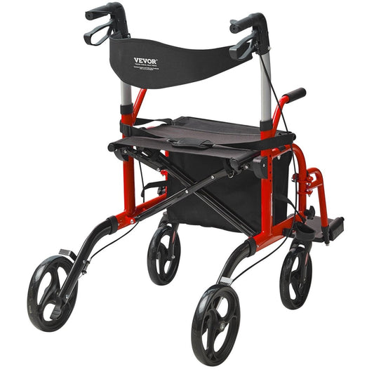 2 In 1 Rollator Walker & Transport Chair For Seniors, Folding Rolling Walker Wheelchair Combo & Footrests, Lightweight Aluminum Mobility Walker With Adjustable Handle, All Terrain Wheels, 136 Kg - DoubleJoy Store