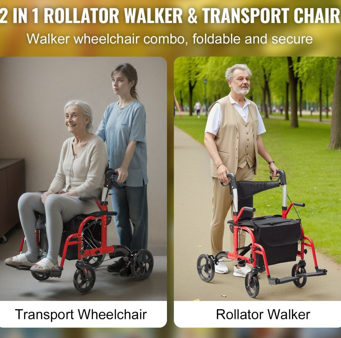 2 In 1 Rollator Walker & Transport Chair For Seniors, Folding Rolling Walker Wheelchair Combo & Footrests, Lightweight Aluminum Mobility Walker With Adjustable Handle, All Terrain Wheels, 136 Kg - DoubleJoy Store