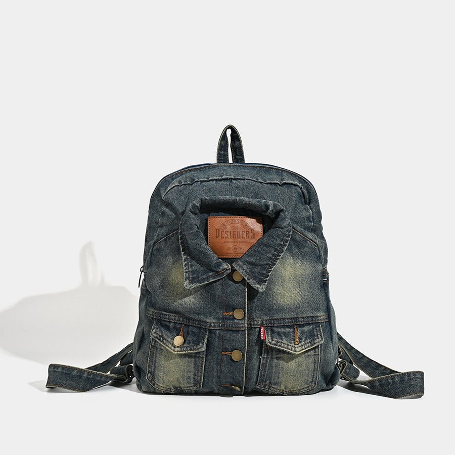 Washed Denim Backpack – Large Capacity, Navy Blue