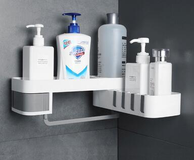 Bathroom Corner Shelf – Space-Saving Wall Storage Rack displaying toiletries in a modern bathroom setting.
