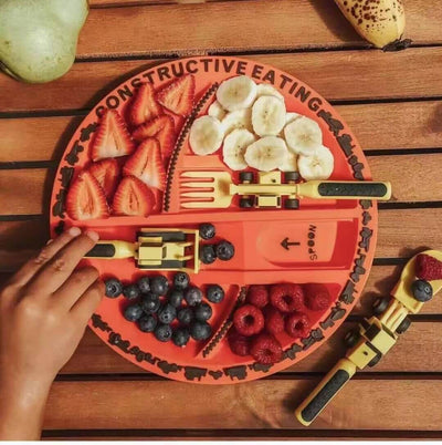 Kids Cutlery Set – Fun & Safe Utensil for Toddlers on a colorful plate with fruits.
