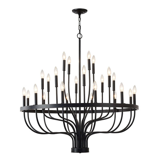 24-Light Black Iron Chandelier - Industrial Candle Pendant Light with modern design and black finish.