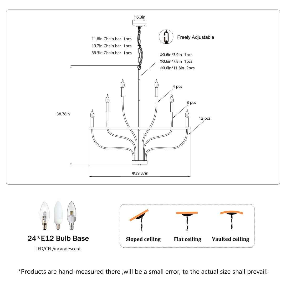 24-Light Black Iron Chandelier: Free🚚USA