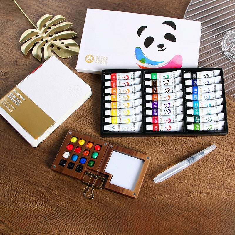 Portable Mini Watercolor Paint Set | Walnut Wood Travel Sketch Kit