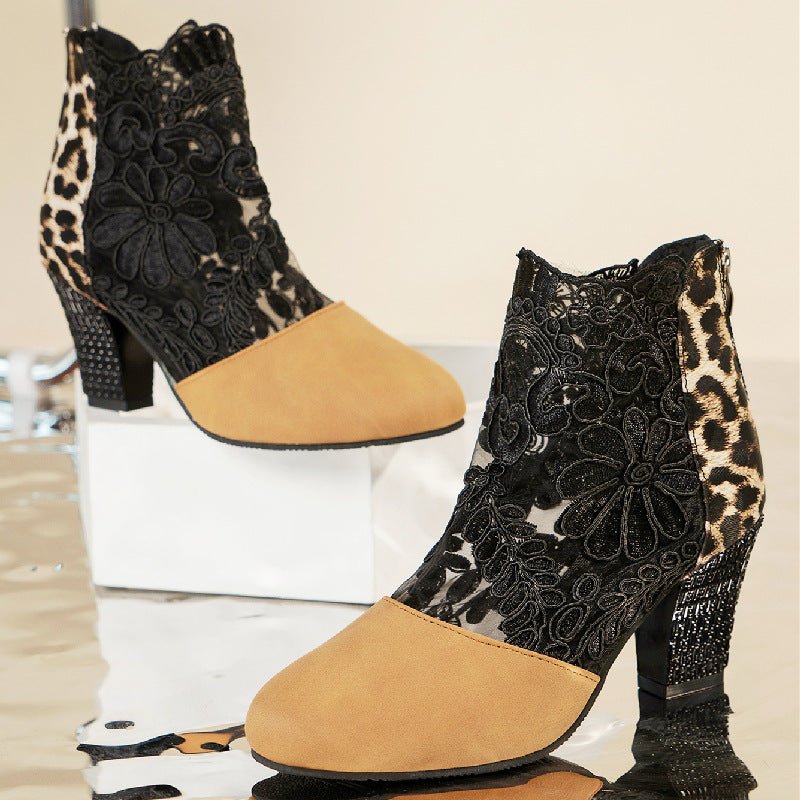 Lace Mesh High Heel Sandals – Round Toe Thick Heel