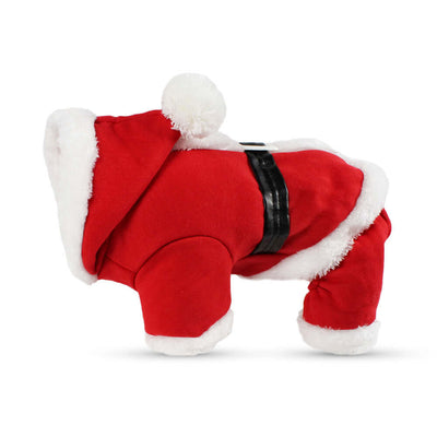Christmas Pet Sweater in red with fur trim for dogs and cats, festive winter outfit with Santa style, warm holiday pet clothing.