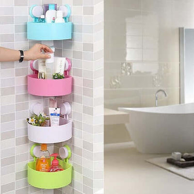 Bathroom Corner Shelf – Space-Saving Wall Storage Organizer with colorful tiers holding toiletries in a modern bathroom.