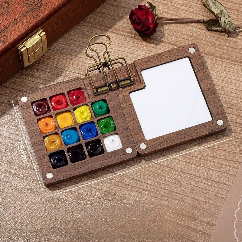 Portable Mini Watercolor Paint Set | Walnut Wood Travel Sketch Kit