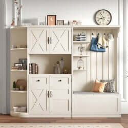 Beige antique Hall Tree Cabinet with hooks and shelves for storage