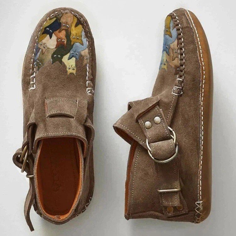 Women's Suede Ankle Boots | 3D Cat Print, Round Toe