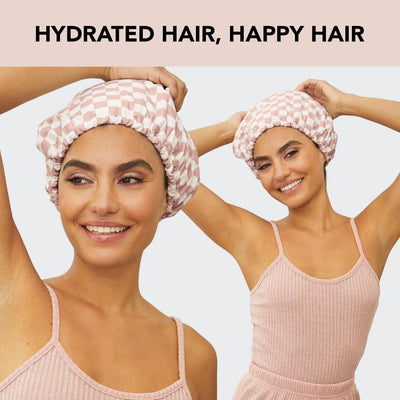 Women's waterproof shower cap prevents hair hydration.