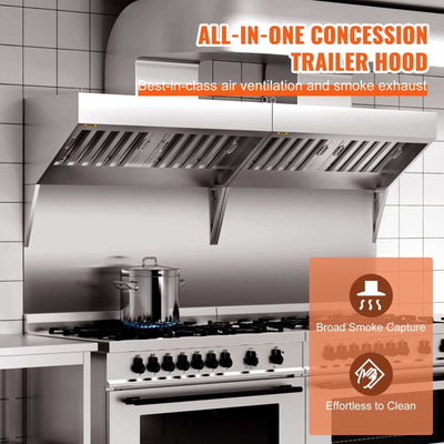 Commercial Exhaust Hood 5FT installed in a professional kitchen, showcasing stainless steel design with oil filters for ventilation.