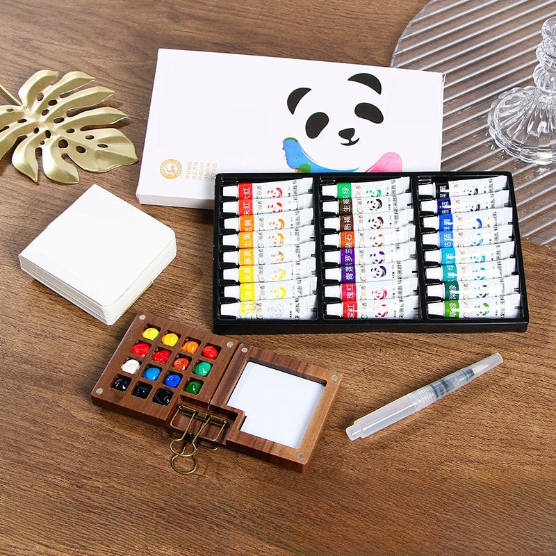 Portable Mini Watercolor Paint Set | Walnut Wood Travel Sketch Kit