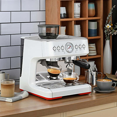 Small Semi-Automatic Coffee Machine with 20Bar Italian pump on a kitchen counter, perfect for home espresso brewing experience.