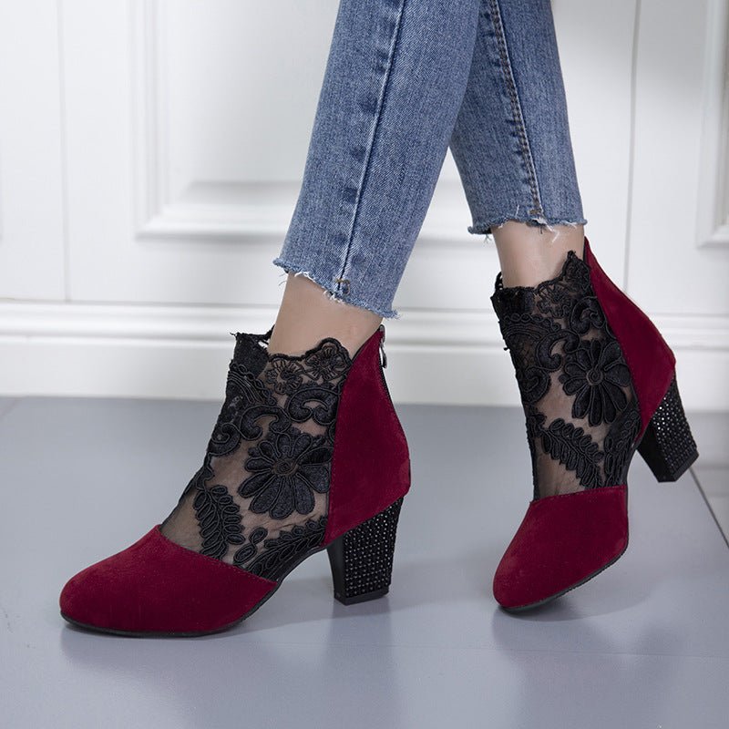 Lace Mesh High Heel Sandals – Round Toe Thick Heel