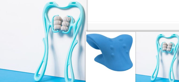 6-Roller Neck Massager with ergonomic swan design in blue, featuring dual massage balls for deep tissue relief.