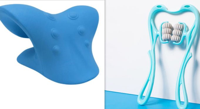 6-Roller Neck Massager in ergonomic swan design with 360° rotating massage balls, blue color on display.