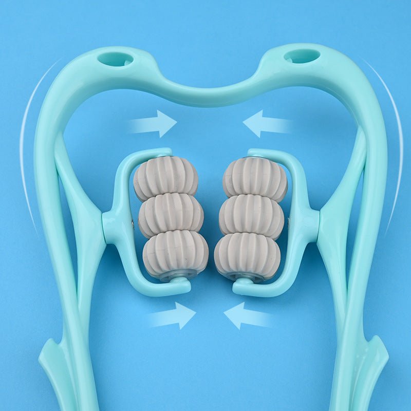 6-Roller Neck Massager in ergonomic swan design with 360° rotating massage balls for muscle relief, in blue color.