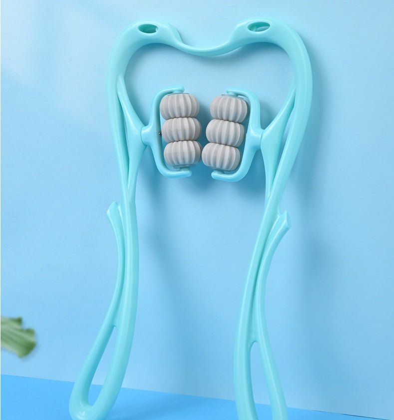 6-Roller Neck Massager with ergonomic swan design in blue, feature dual massage balls for deep tissue relief on neck & back.