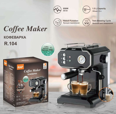 Semi-Automatic Coffee Machine – Small Espresso Maker with Milk Frother in stylish design with box and dual coffee output.