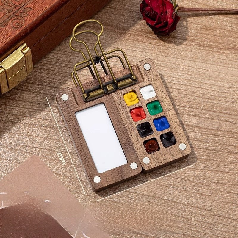 Portable Mini Watercolor Paint Set | Walnut Wood Travel Sketch Kit