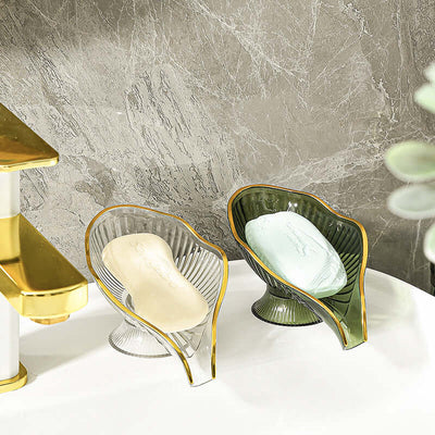 Bathroom Soap Dish stand with transparent design, holding soap, countertop holder made from PET material in two colors.