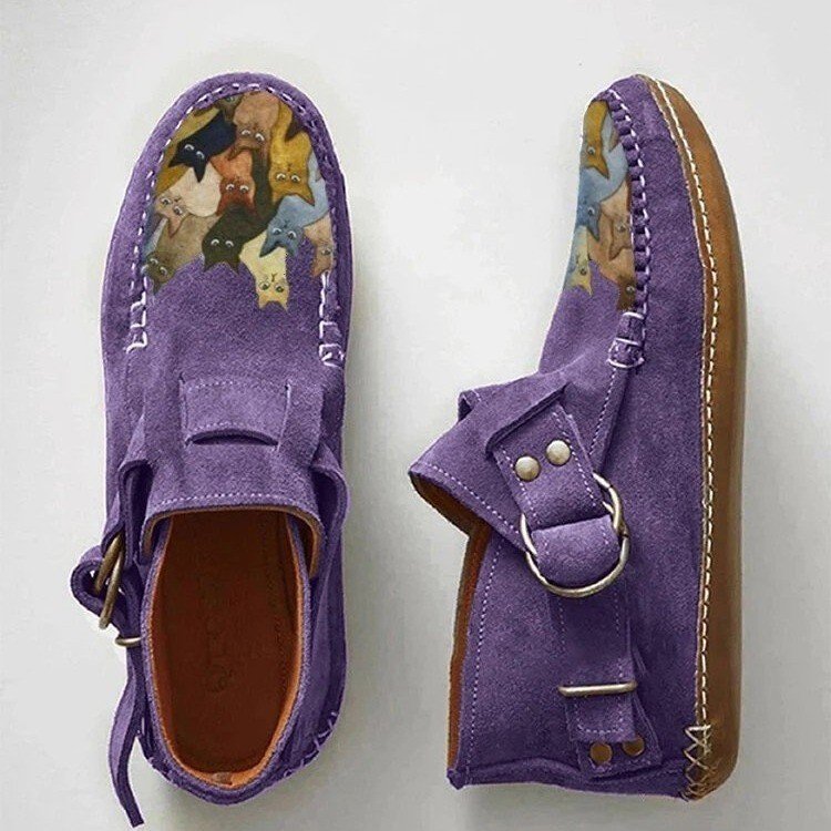 Women's Suede Ankle Boots | 3D Cat Print, Round Toe
