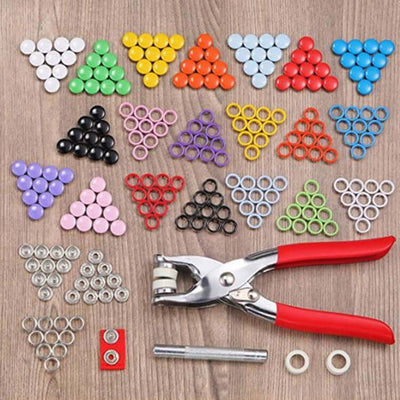 9.5MM Hollow Snap Fastener collection with various colors and a punch tool for sewing and crafting.