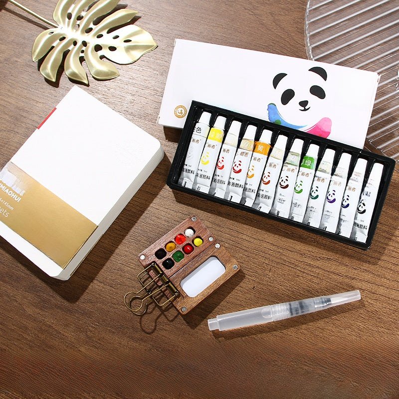 Portable Mini Watercolor Paint Set | Walnut Wood Travel Sketch Kit